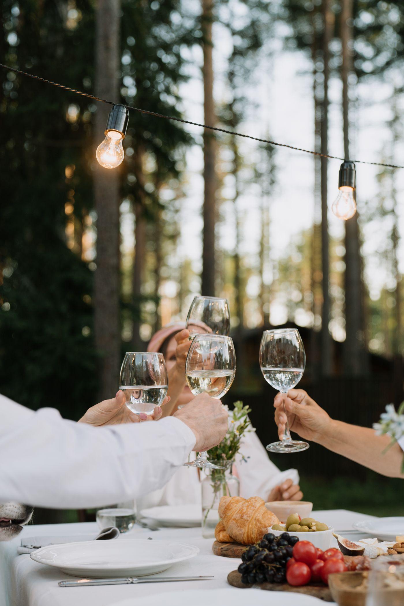 Celebration inspiration: friends raising wine glasses around an outdoor party table beneath string lights (stock photograph)